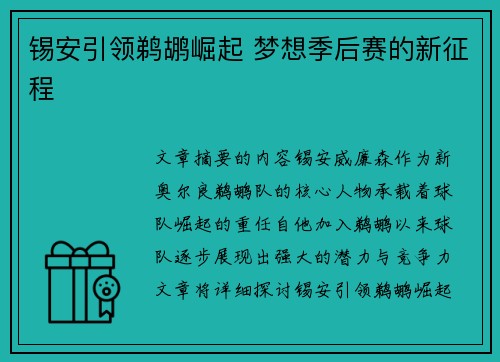 锡安引领鹈鹕崛起 梦想季后赛的新征程